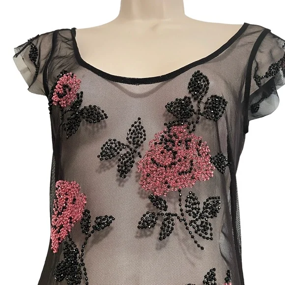 VINTAGE GOWN SUE WONG Beaded Floral on Peekaboo Mesh Underslip Prom Bridal Y2K - Picture 4 of 17